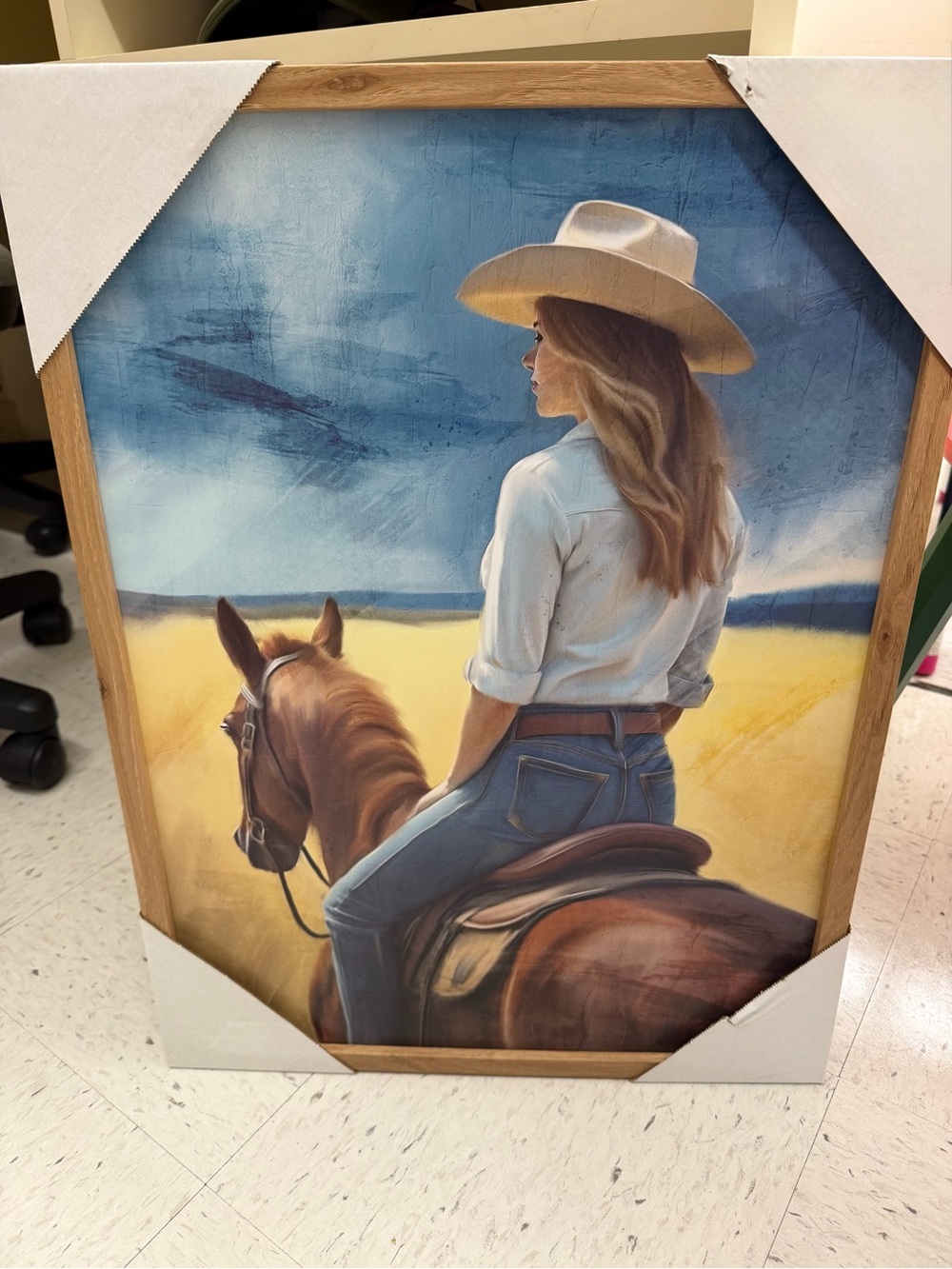 Framed Western Cowgirl Wall Art - Blue, Tan, Brown